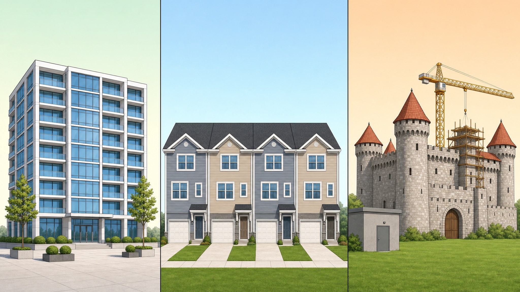 A luxury condo, a pragmatic townhome and a custom fortress, illustrating the trade-off between convenience and control in B2B ecommerce platforms