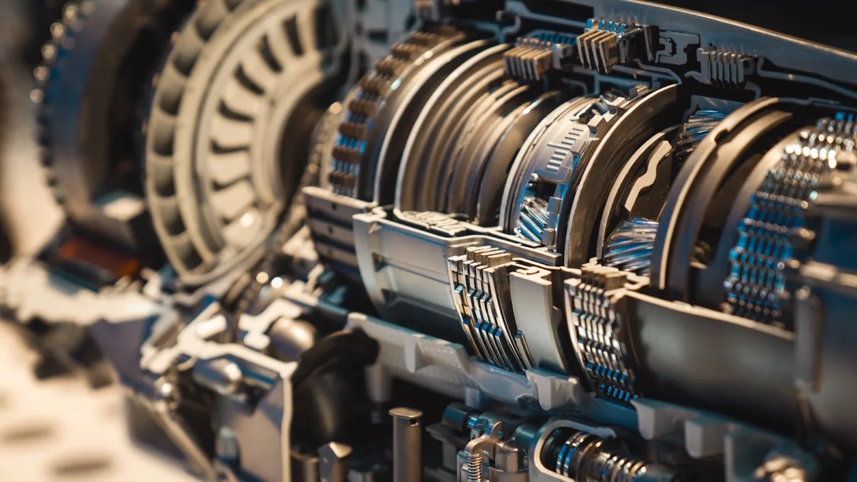 A cutaway view of a precision gearbox mechanism