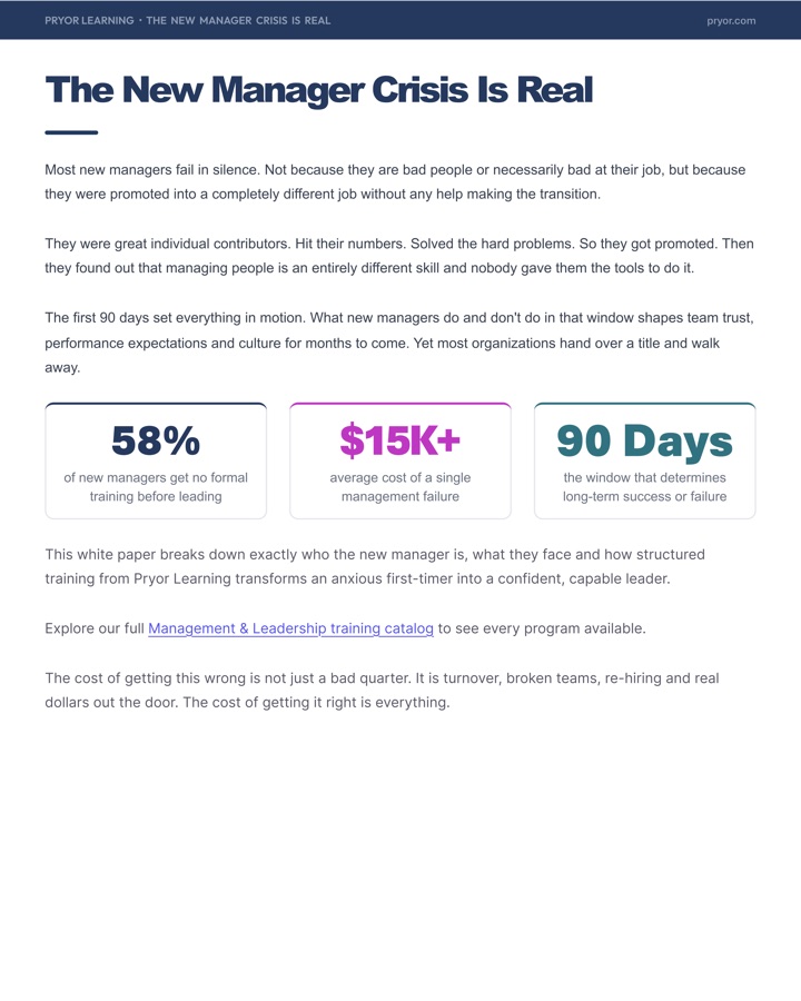 White paper page: the new manager crisis is real, with the 58%, $15K+ and 90 days statistics