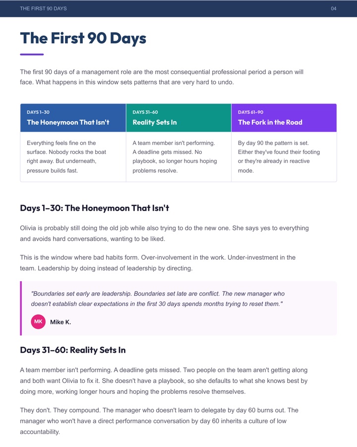 White paper page: the first 90 days, split into three phases