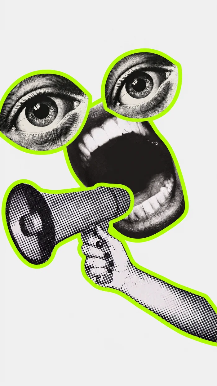 Collage of wide eyes, an open mouth and a hand holding a megaphone
