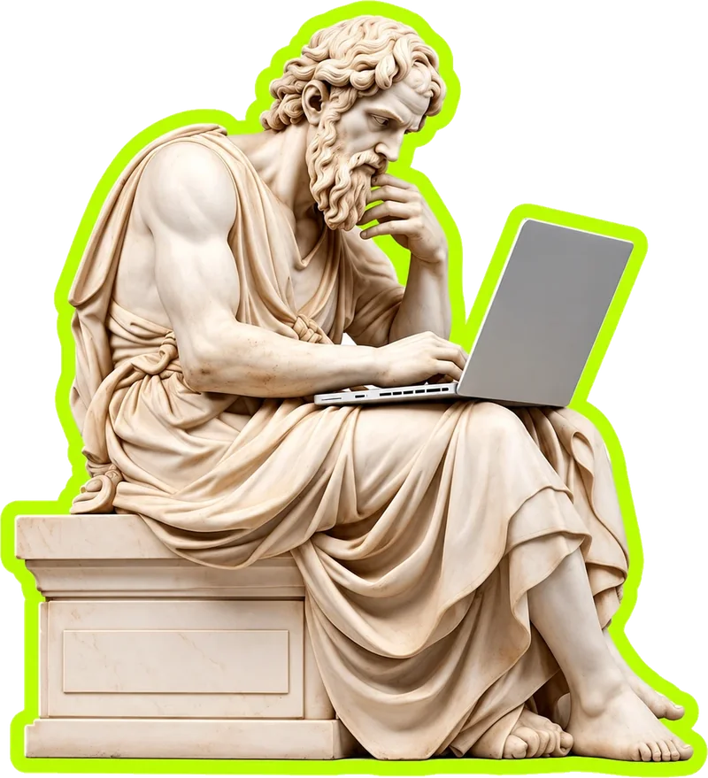 Marble statue of a thinker frowning at a laptop